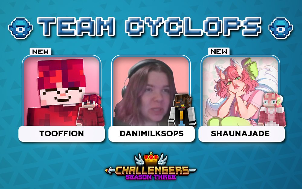 Challengers_SMP's tweet image. One eye, one target! Welcome in, Team Cyclops! 👁️

🔴 With @TooFfion, @DaniMilksops &amp;amp; @ShaunaJadeVT!

Catch them starting this August 1st for a whole month on Challengers Season 3! 👑