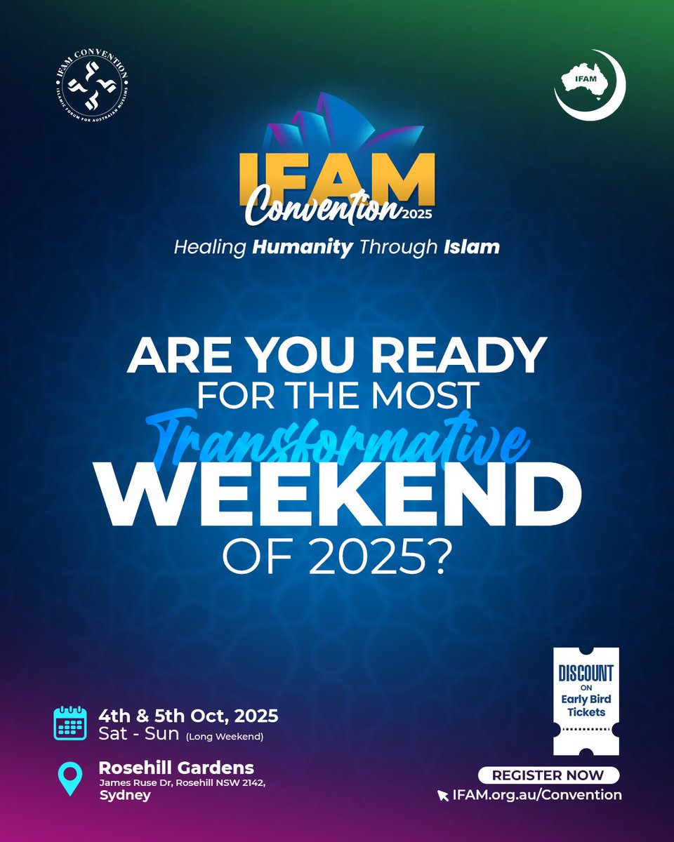 IfamAustralia's tweet photo. Join us at 𝐈𝐅𝐀𝐌 𝐂𝐨𝐧𝐯𝐞𝐧𝐭𝐢𝐨𝐧 𝟐𝟎𝟐𝟓 — a weekend filled with 𝐢𝐧𝐬𝐩𝐢𝐫𝐚𝐭𝐢𝐨𝐧, 𝐥𝐞𝐚𝐫𝐧𝐢𝐧𝐠, 𝐟𝐚𝐦𝐢𝐥𝐲 𝐟𝐮𝐧, 𝐚𝐧𝐝 𝐬𝐩𝐢𝐫𝐢𝐭𝐮𝐚𝐥 𝐮𝐩𝐥𝐢𝐟𝐭𝐦𝐞𝐧𝐭.

#IFAMConvention2025 #HealingHumanity  #IslamInAustralia  #FaithFamilyFuture  #SydneyEvents https://t.co/kVlg6bodVY