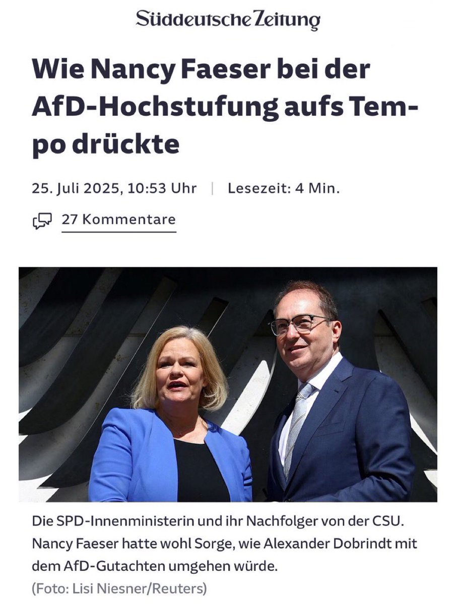 Rene_Springer's tweet image. Kurz vor ihrem Abschied als Innenministerin ließ Nancy Faeser die AfD vom Verfassungsschutz als „gesichert rechtsextrem“ einstufen – und bestimmte selbst den Zeitpunkt der Veröffentlichung. Offiziell sei der Verfassungsschutz unabhängig, sagt sie. Interne E-Mails zeigen das…