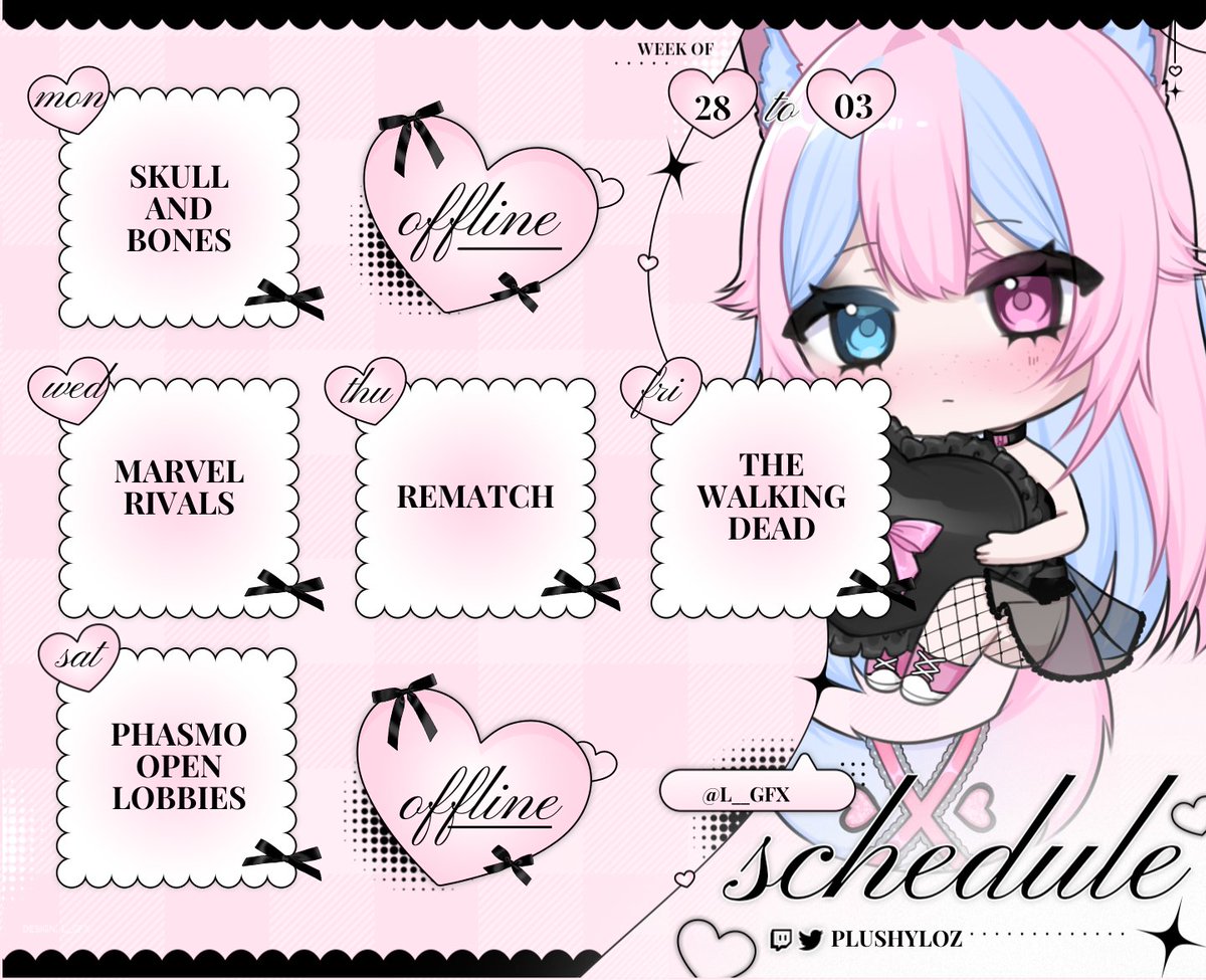 PlushyLoz's tweet image. :¨ ·.· ¨:⠀
`· . ୨୧ Schedule 28th July - 3rd August ⨯
All subject to change with bowls and events ♡
🖤✖💗
୨୧ twitch.tv/plushyloz
୨୧ discord.gg/7FgqquVSAg
#envtuber #vtuber #suiikasiblings #suiika