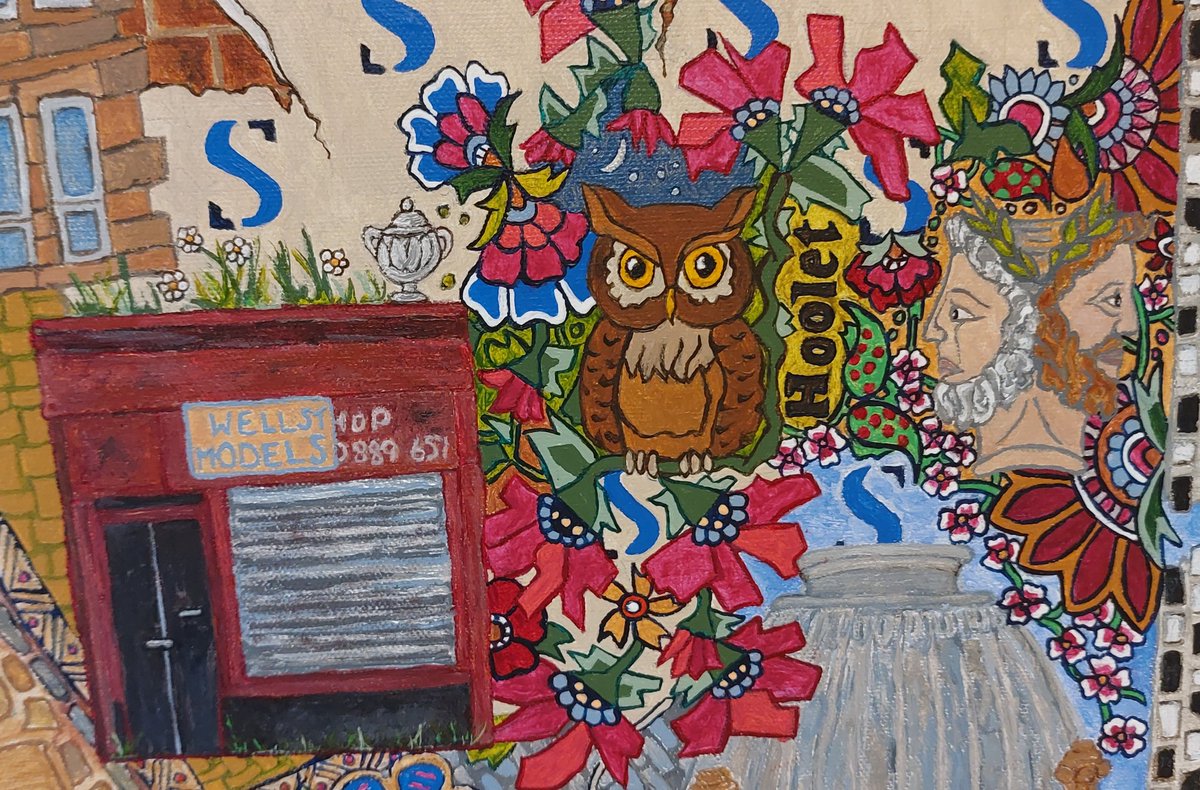 Another lovely Sunday morning spent working on my "big" canvas...putting a top coat on + highlighting detail of one of the derelict shops on Well Street; the wee "hoolet" (old Scots term for an owl) + the double headed figure...representing the Roman God - Janus. 😀👍...