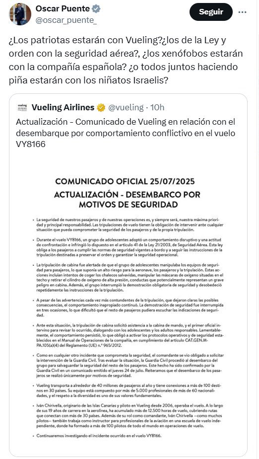 Oscar Puente, ese ser de luz, llamó niñatos israelitas a un grupo de jóvenes franceses que fueron desalojados de un avión de Vueling en circunstancias poco claras.

Ante esta muestra de antisemitismo y estupidez, cuando llegaron de Francia las primeras quejas, el bípedo Ministro
