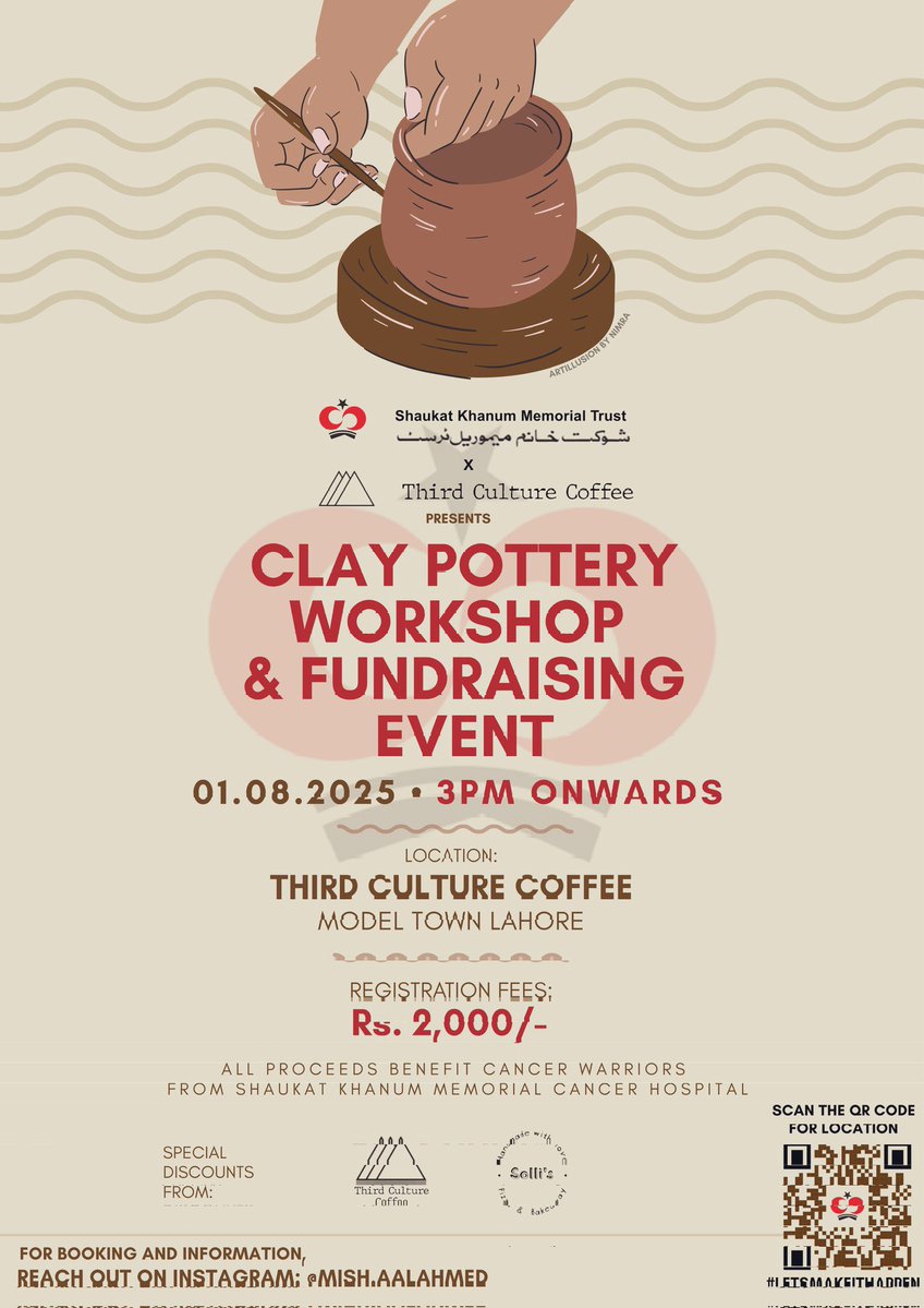 advfayeza's tweet image. Join us at Third Culture Coffee x Shaukat Khanum for a Clay Pottery Workshop & Fundraiser, which is a perfect opportunity to create a symbol of hope and support cancer patients on their journey.
All proceeds will go to the amazing cancer warriors at Shaukat Khanum Hospital.