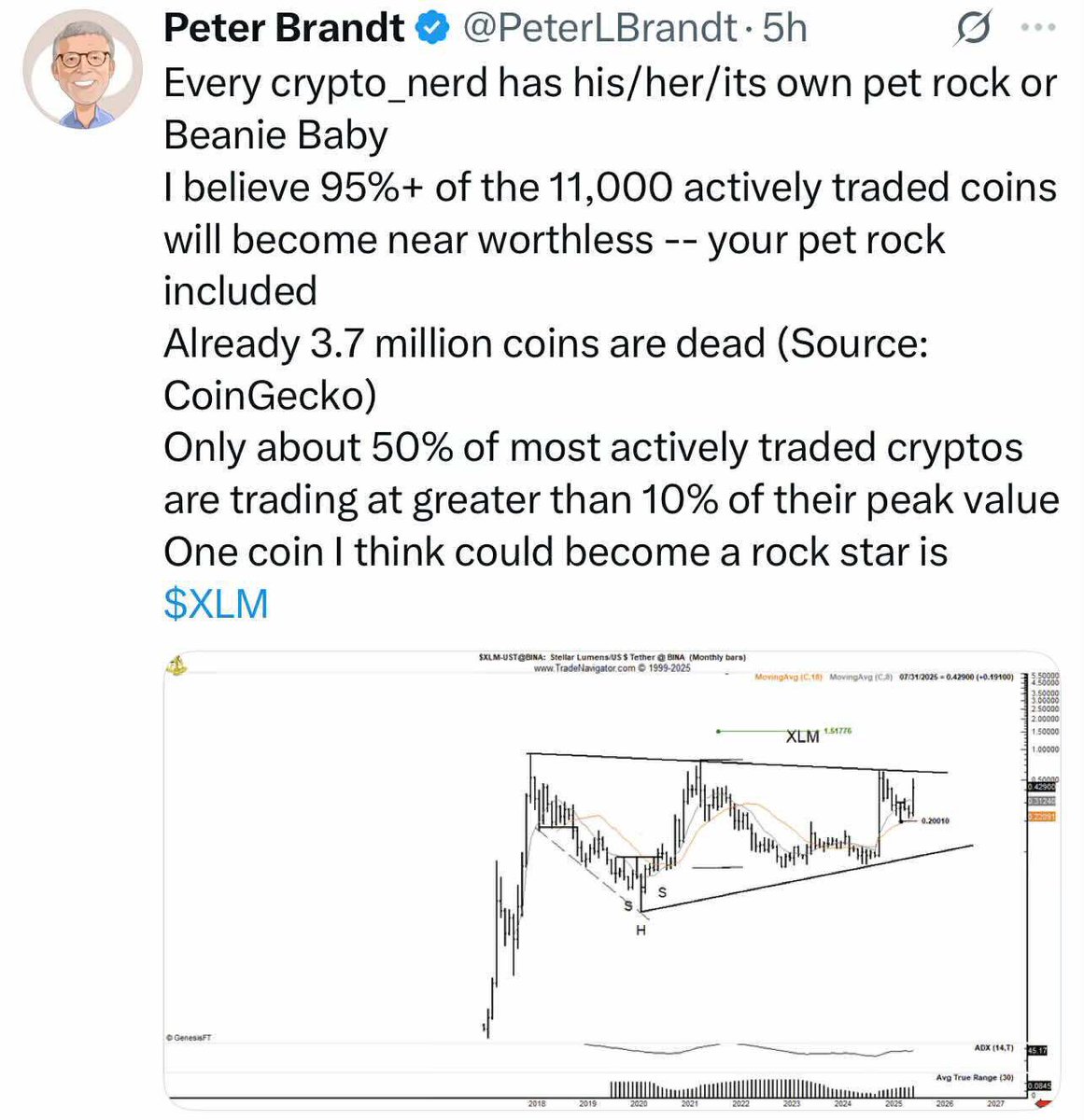 🚨XLM COULD BE THE NEXT CRYPTO ROCK STAR — SAYS PETER BRANDT 🚨 Veteran  trader @PeterLBrandt believes 95% of crypto will die… But one coin might  just become a legend: $XLM 🌟