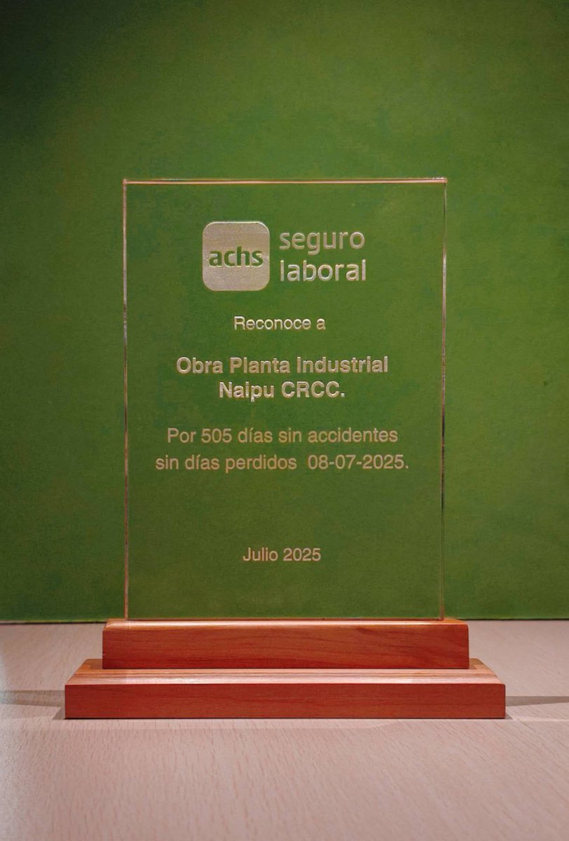 The Naipu Chile Industrial Plant Project undertaken by CRCCI was awarded the 505-day gold-level certification for zero accidents by the Asociación Chilena de Seguridad (ACHS).