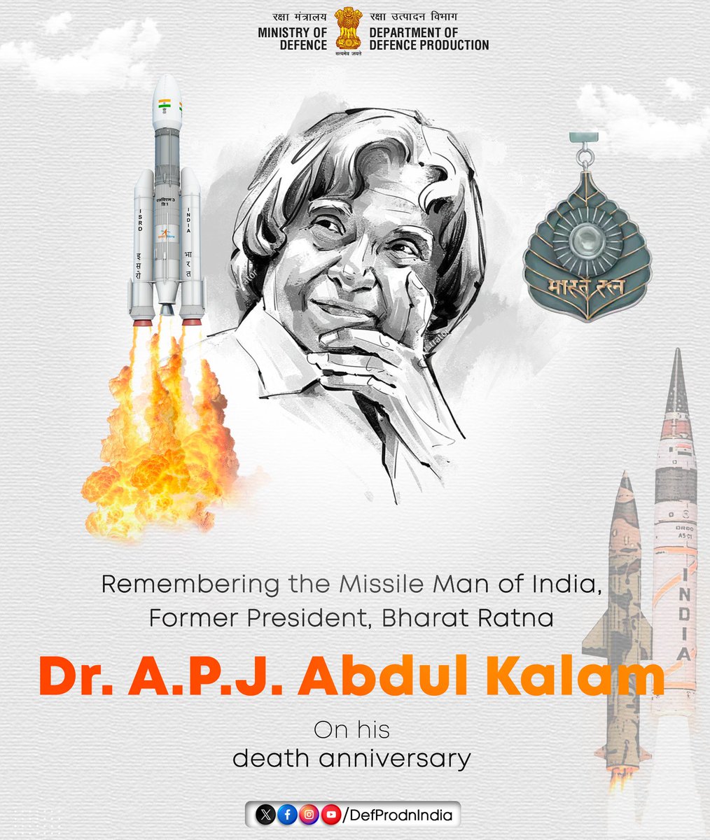 DefProdnIndia's tweet image. Remembering our visionary leader, phenomenal scientist and scholar, #FormerPresident of India, #BharatRatna awardee Dr. APJ #AbdulKalam, on his death anniversary.
A true statesman, his immense contribution towards India’s missile programme, simplicity & strong commitment towards…