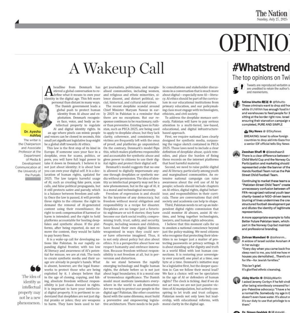 Ayesha A. (@drayeshaashfaq) on Twitter photo Can Pakistan follow Denmark’s lead on digital identity and AI accountability?
Read it here: nation.com.pk/27-Jul-2025/a-…
#AIethics #DigitalRights #Deepfakes #Pakistan #TheNation #Opinion
<a href="/The_Nation/">The_Nation</a> Can Pakistan follow Denmark’s lead on digital identity and AI accountability?
Read it here: nation.com.pk/27-Jul-2025/a-…
#AIethics #DigitalRights #Deepfakes #Pakistan #TheNation #Opinion
<a href="/The_Nation/">The_Nation</a>