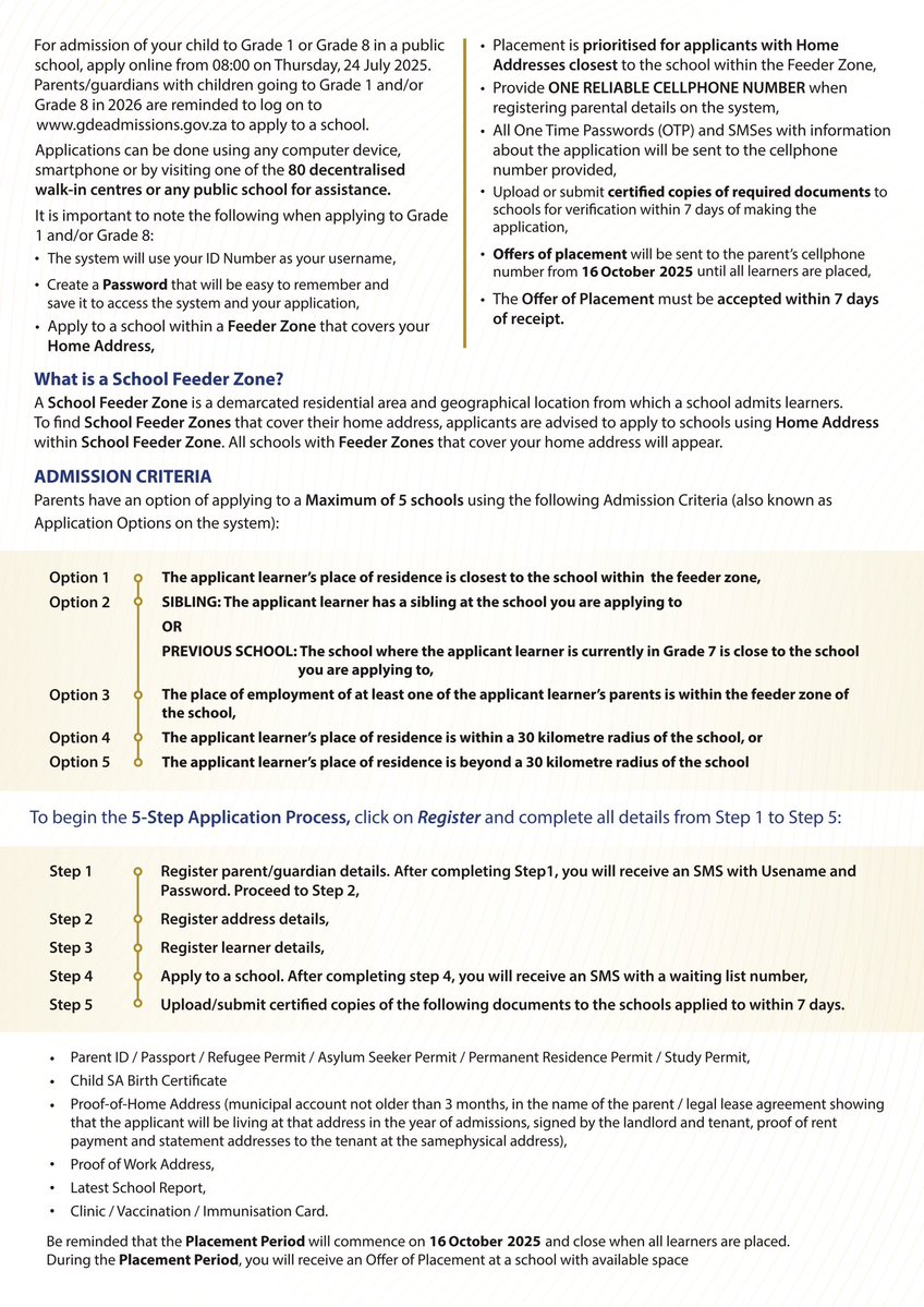 Gauteng Department of Education (@educationgp1) on Twitter photo The #2026OnlineAdmissionsGP application period for Grade 1 & Grade 8 in Gauteng is open!
๐ป๐ฑ๐ฅ๏ธ To apply, visit: gdeadmissions.gov.za & complete the 5 Step Application Process
๐จApplications close on Friday, ๐ฎ๐ต ๐๐๐ด๐๐๐ ๐ฎ๐ฌ๐ฎ๐ฑ
โ
Apply online! โ
Apply on time! The #2026OnlineAdmissionsGP application period for Grade 1 & Grade 8 in Gauteng is open!
๐ป๐ฑ๐ฅ๏ธ To apply, visit: gdeadmissions.gov.za & complete the 5 Step Application Process
๐จApplications close on Friday, ๐ฎ๐ต ๐๐๐ด๐๐๐ ๐ฎ๐ฌ๐ฎ๐ฑ
โ
Apply online! โ
Apply on time!