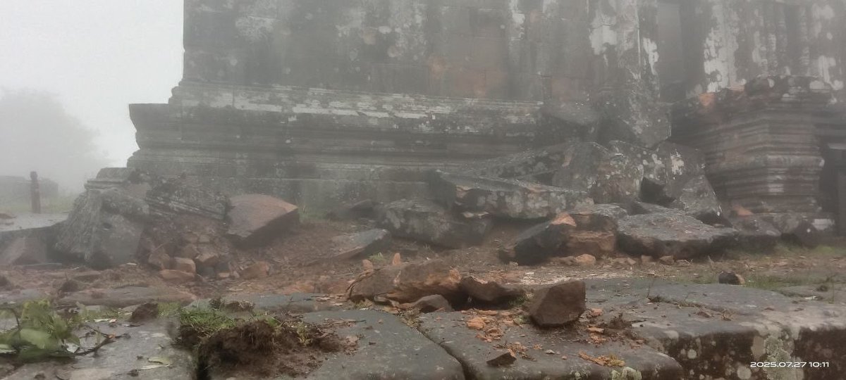 pheaktraneth's tweet image. These fresh acts of bloody aggression from Thai military have brought the temple to a state of grave danger and unprecedented destruction, with critical portions of the structure and its surrounding sacred landscape now severely damaged or destroyed. #UNESCO #Preahvihear