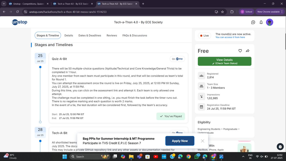 anonymous_mee17's tweet image. 🚀 Just attempted the Quiz-A-Bit round of Tech-a-Thon 4.0 on Unstop!
50 MCQs done in 40 minutes ⏱️— was a mix of tech, aptitude &amp;amp; trivia!
Now fingers crossed 🤞 for the shortlist!
#Unstop #Hackathon #TechAThon #QuizChallenge #CodingLife