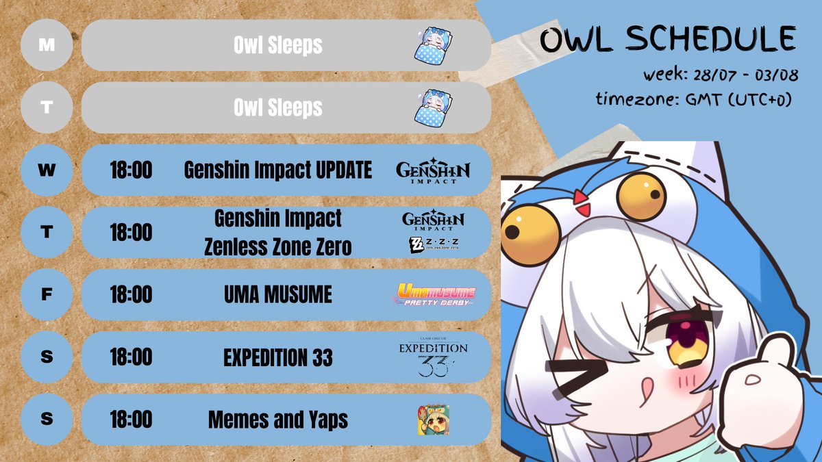 AngryowlCat's tweet image. Next week is gonna be HOOOOT!!!
- Jenshin Update before Nod Krai,
- Shiyu Defense Update in ZZZ,
- Owl trying to flex her progress in Uma Musume,
- Expedition 33 (NOT A GACHA GAME OMG!!!) Huge thanks for the Anonymous crepe for sponsoring the purchase of the game! 🫶
- Memes,…