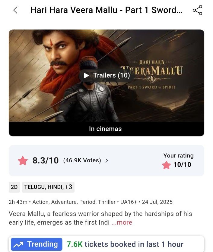 SingleMan122's tweet image. 7.6K tickets booked in last 1 hour 💥💥

#HariHaraVeeraMallu
