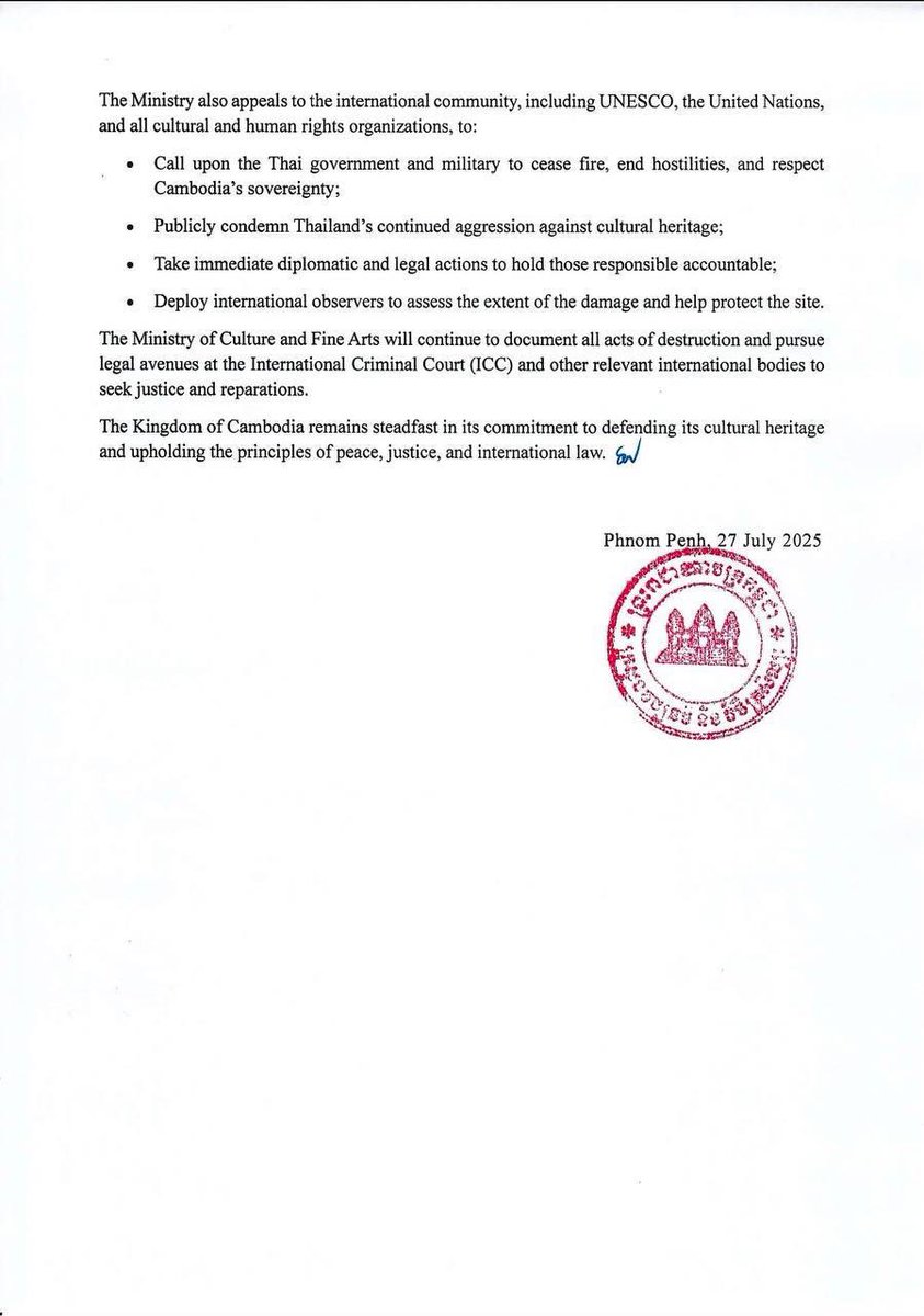 pheaktraneth's tweet image. Urgent Statement of Condemnation Continued Armed Aggression Against the Preah Vihear Temple by the Thai Armed Forces #CambodiaNeedPeace
#BorderDispute #ThaiAttackFirst #ThaiAttackWorldHeritage #UNESCO