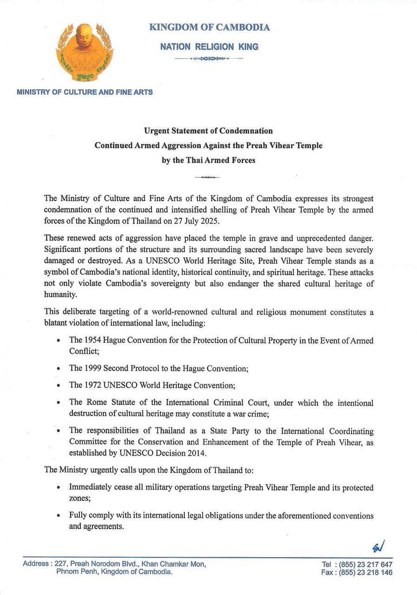pheaktraneth's tweet image. Urgent Statement of Condemnation Continued Armed Aggression Against the Preah Vihear Temple by the Thai Armed Forces #CambodiaNeedPeace
#BorderDispute #ThaiAttackFirst #ThaiAttackWorldHeritage #UNESCO