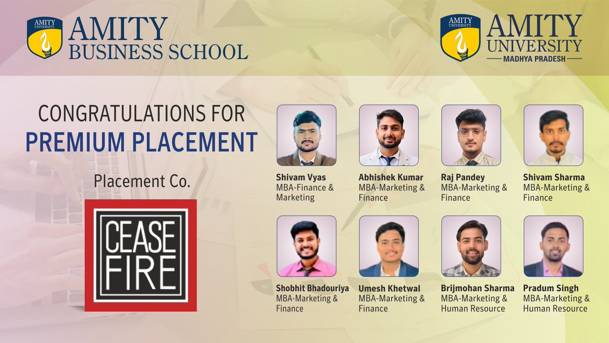 We congratulate the students of Amity Business School for securing placements at CeaseFire. 

Wishing them the best in all their future endeavours.

#AmityUniversityMadhyaPradesh #Placements #MBA #ProudMoment #CareerMilestones