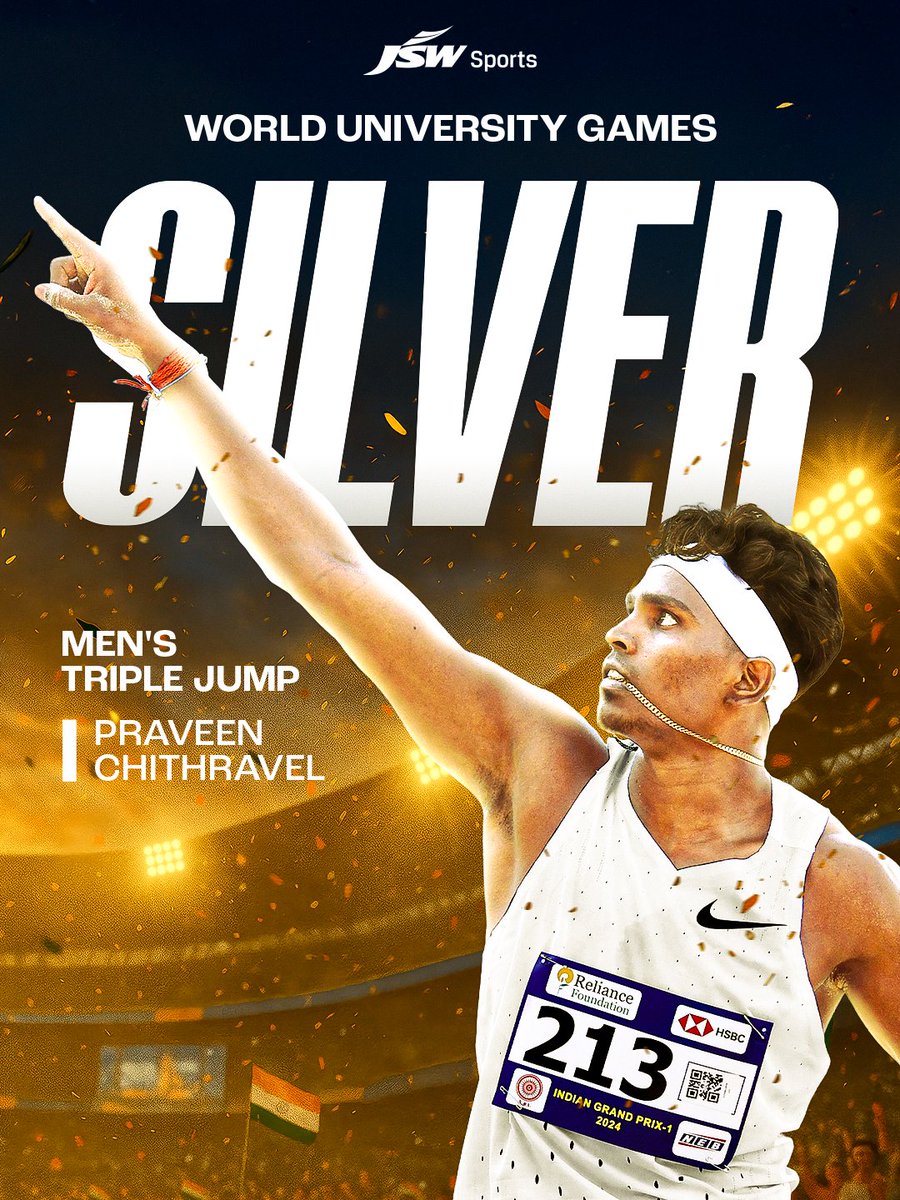 JSW Sports (@jswsports) on Twitter photo Flying High! 🇮🇳
JSW Sports athlete <a href="/PraveenChithra1/">PraveenChithravel</a> lands on the podium at the World University Games with a 16.66m leap to take silver for India. 🚀
#JSWSports #PraveenChithravel #BetterEveryDay Flying High! 🇮🇳
JSW Sports athlete <a href="/PraveenChithra1/">PraveenChithravel</a> lands on the podium at the World University Games with a 16.66m leap to take silver for India. 🚀
#JSWSports #PraveenChithravel #BetterEveryDay
