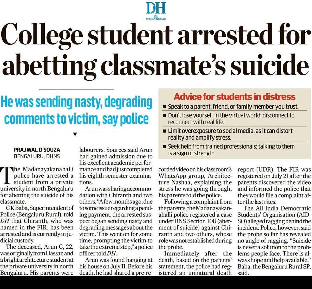 prajwaldza's tweet image. Madanayakanahalli police in #Bengaluru Rural have arrested a student from a private university in north Bengaluru for abetting the suicide of his classmate. @bngdistpol.
Read more at: deccanherald.com/india/karnatak…
