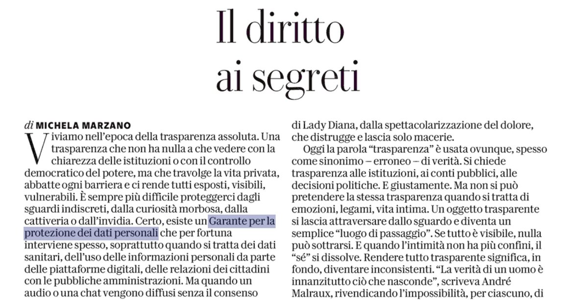 Guido Scorza (@guidoscorza) on Twitter photo #daleggere il pezzo di <a href="/MichelaMarzano/">Michela Marzano</a> oggi su <a href="/repubblica/">Repubblica</a> a proposito della vicenda #bova Un richiamo prezioso a quel "Diritto ai segreti" come scrive lei, al rispetto dell'intimità sentimentale anche di un personaggio pubblico. È quello che noi al <a href="/GPDP_IT/">Garante Privacy</a> chiamiamo diritto #daleggere il pezzo di <a href="/MichelaMarzano/">Michela Marzano</a> oggi su <a href="/repubblica/">Repubblica</a> a proposito della vicenda #bova Un richiamo prezioso a quel "Diritto ai segreti" come scrive lei, al rispetto dell'intimità sentimentale anche di un personaggio pubblico. È quello che noi al <a href="/GPDP_IT/">Garante Privacy</a> chiamiamo diritto