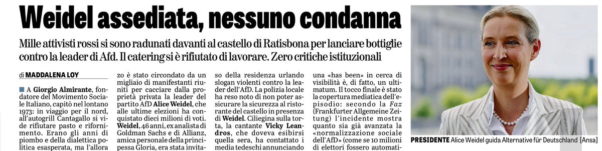 Germania come ai tempi della Stasi: 1000attivisti assediano il palazzo di Gloria Thurn und Taxis per impedire la presenza della leader di AfD <a href="/Alice_Weidel/">Alice Weidel</a> al festival della musica, il catering rifiuta di servire la cena, un’artista minaccia: “O lei o io”. Le istituzioni