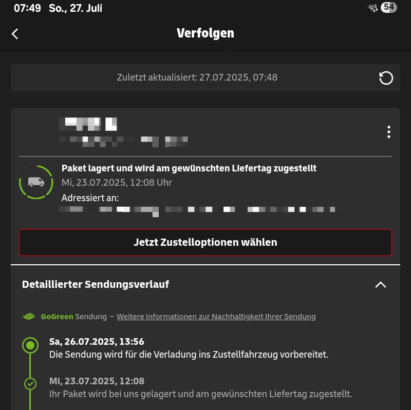 aiklos's tweet photo. @DHLPaket
Okay das mit der Zustellung am gewünschten Liefertag wird wohl nichts mehr. Also, noch eine Woche auf die Lieferung warten. 
Oh, und dass ich "auf Grund vertraglicher Vereinbarungen mit dem Versender" keine Nachforschung einleiten kann, dafür fehlt mir das Verständnis. https://t.co/HKayK50cfb