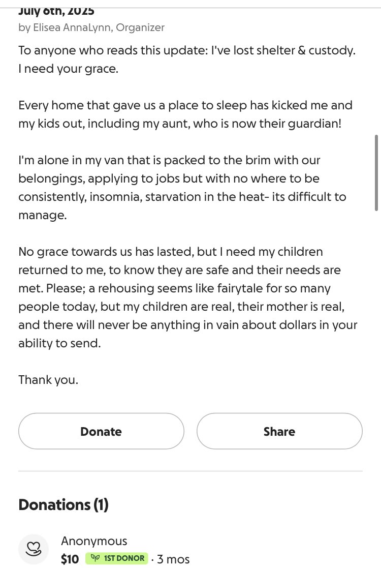 After kicking them ALL out in June She agreed to take temp custody but at any moment she can say shes not able to care for them, Elisea’s 5Yo starts school &amp; her Aunts kids a senior

5&amp;2YO receive care for ND… they risk CPS custody in small town Indiana.

gofund.me/d5d75013