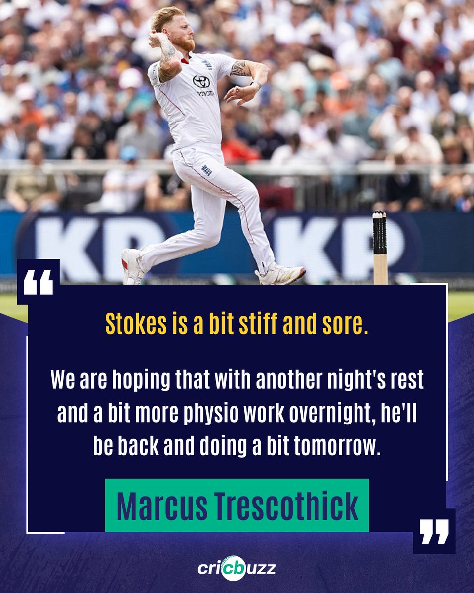 cricbuzz's tweet image. Cometh the hour, cometh Ben Stokes?

63 overs gone, and Ben Stokes hasn&apos;t bowled yet.

Will England need their captain to step in on Day 5?🧐

#ENGvIND #BenStokes #ManchesterTest