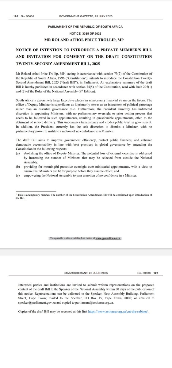 D_Naeser's tweet image. 🚨 22nd Constitutional Amendment by @AtholT @Action4SA:

- Abolish Deputy Ministers ❌
- Mins to be vetted by committee and confirming Vote in National Assembly 🕵️
- Motions of no confidence in individual Mins🗳️
- Increase ministerial appointments from outside NA from 2 to 4 📈