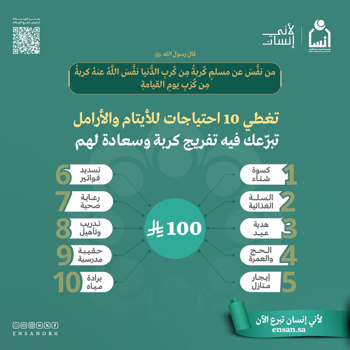 الأسهـم العشـرة؛ تُؤمـن بهـا احتياجات اليتيـم.   

تبرّعـك فيـه تفريـج كربـة وسعـادة لهـم.

تبرّع الآن:
ensan.sa/ar/shop/10 

#لأني_إنسان