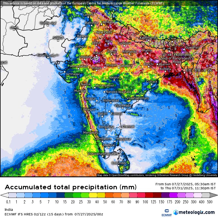 pkusrain's tweet image. Total rainfall forecast by ECMWF upto 31 July.