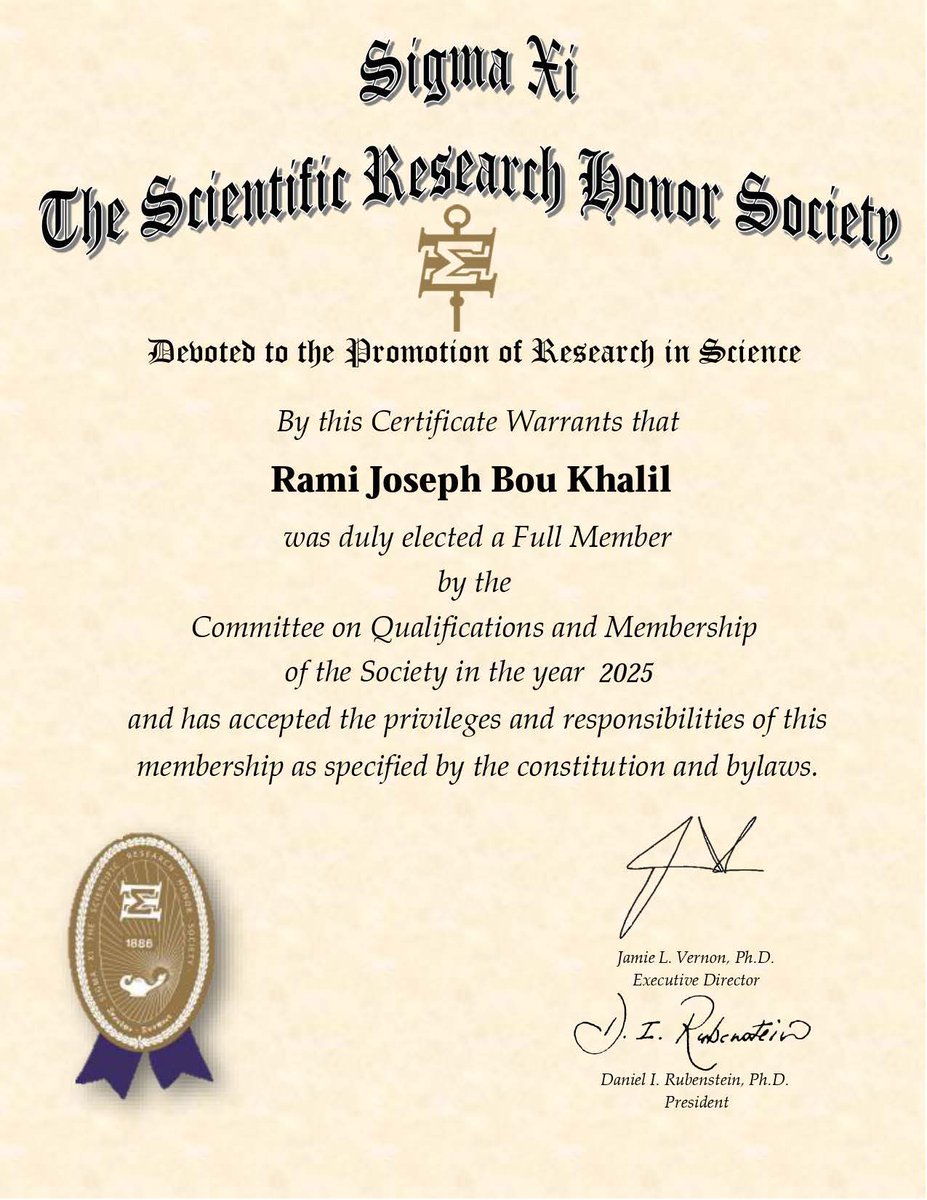 Honoured to be elected a full member of Sigma Xi, the Scientific Research Honor Society. Membership is by nomination &amp; based on research achievements.
Grateful to Saint-Joseph University &amp; Hôtel-Dieu de France for shaping this journey.
#SigmaXi #Science #Research #Gratitude
