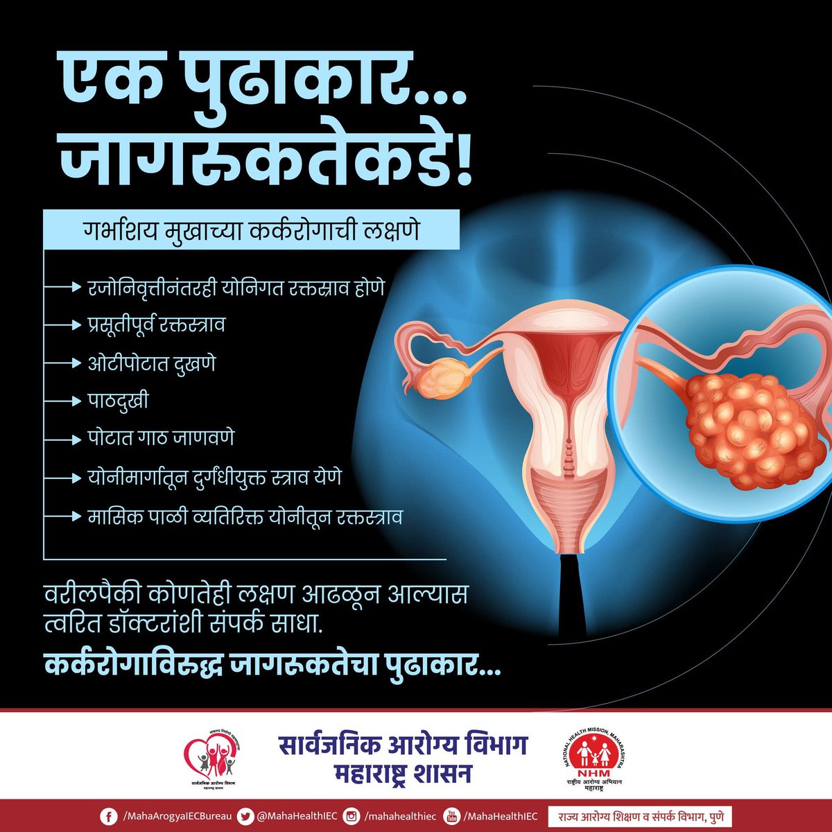 MahaHealthIEC's tweet image. 🎗️ &quot;कर्करोगावर मात, जागरूकतेच्या साथ!&quot; 🎗️

गर्भाशय मुखाचा कर्करोग हा वेळेवर लक्षात घेतल्यास पूर्णपणे बरा होऊ शकतो.
पण त्यासाठी लक्षणे ओळखणे आणि वेळेवर तपासणी करणे अत्यंत महत्त्वाचे आहे.

#CervicalCancerAwareness #HPVAwareness #WomensHealth #GetScreened 
#HPVvaccine…