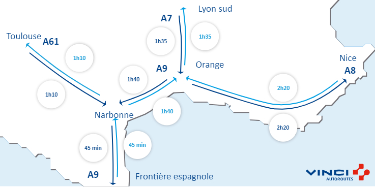 VINCIAutoroutes's tweet image. #Infotrafic à 09h00 ⏱️ Vos temps de parcours sur @A7Trafic, @A8Trafic, @A9Trafic et @A61Trafic. #BienVoyager