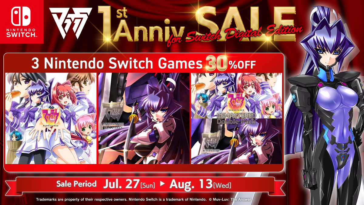 aNCHOR_Games_EN's tweet image. 📢 Nintendo Switch Sale Now On! 📢
Celebrating our 1st anniversary of global digital release!
Get "Muv-Luv" and "Muv-Luv Alternative" at 30% OFF! 🎉
👇 Available on the Nintendo eShop
store.nintendo.com
#MuvLuv