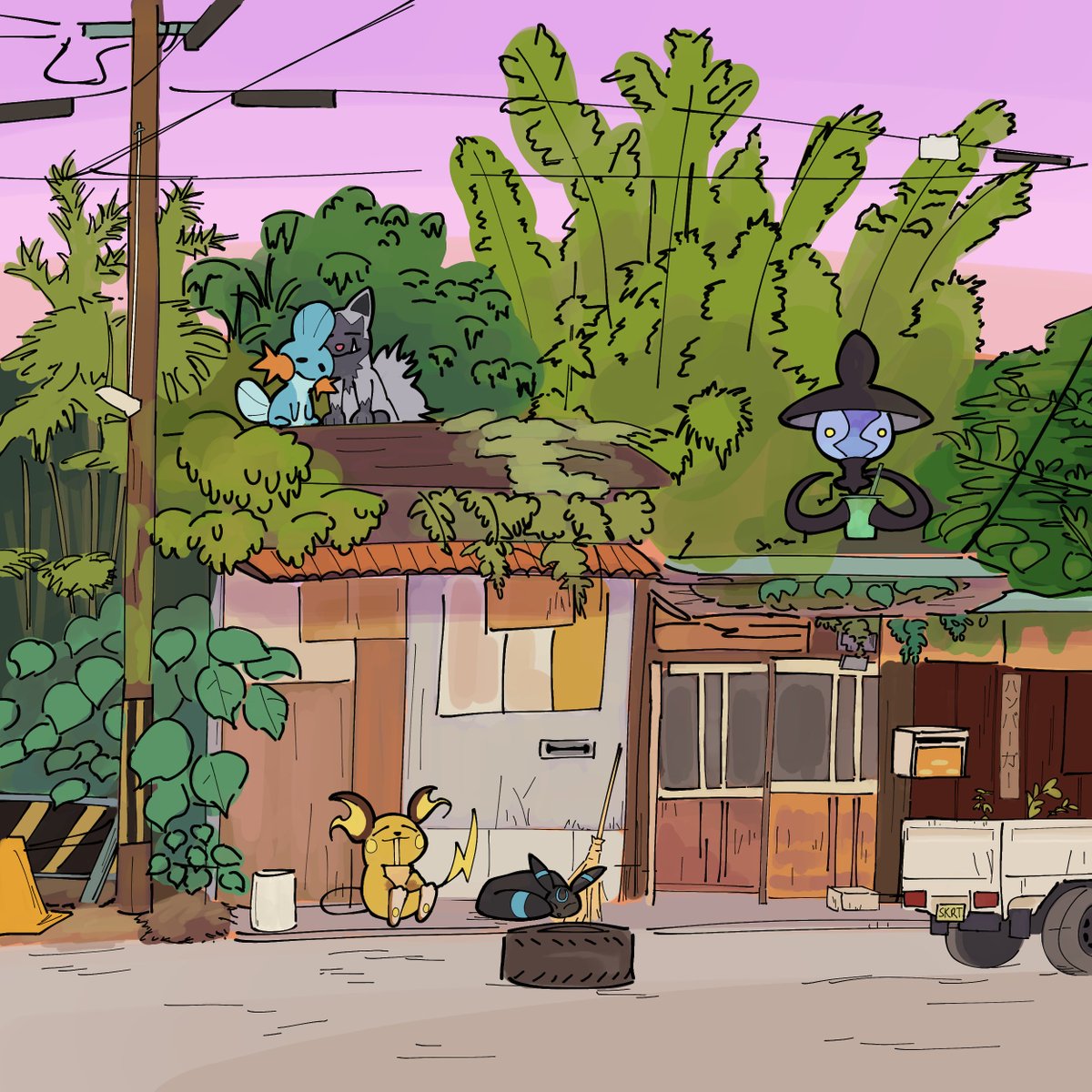 mangoframer's tweet image. Our pokemon at dusk 🌆✨

late bday present for @/muddyena and @/poochkip! Their favorite pokemon drawn with mine and their roommates&apos;!