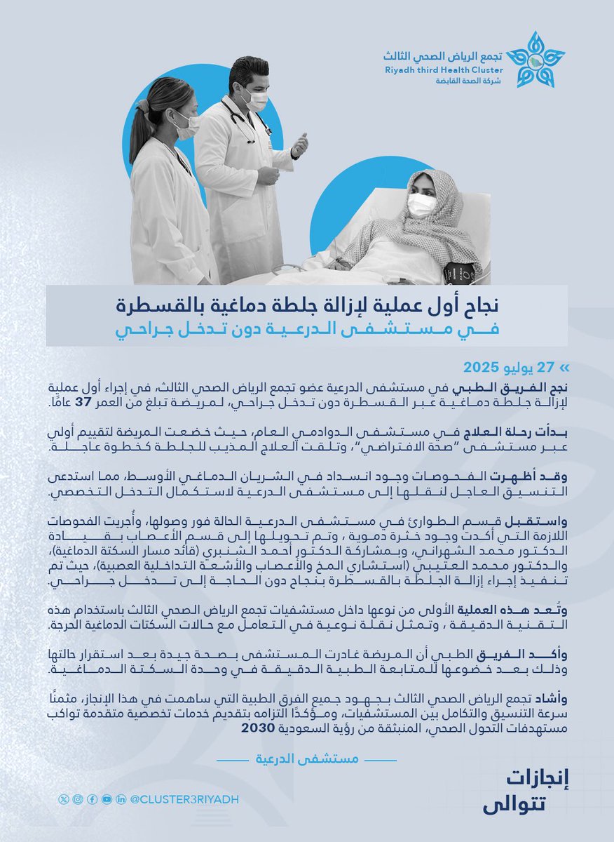 🗞️ #خبر_صحفي | في إنجاز طبي مميز، مستشفى الدرعية عضو #تجمع_الرياض_الصحي_الثالث، ينجح في إجراء أول عملية لإزالة جلطة دماغية بالقسطرة دون تدخل جراحي، في خطوة تُعد الاولى من نوعها على مستوى مستشفيات التجمع، وتسهم في تحسين تقديم الرعاية الصحية، تحقيقًا لمستهدفات #رؤية_السعودية2030