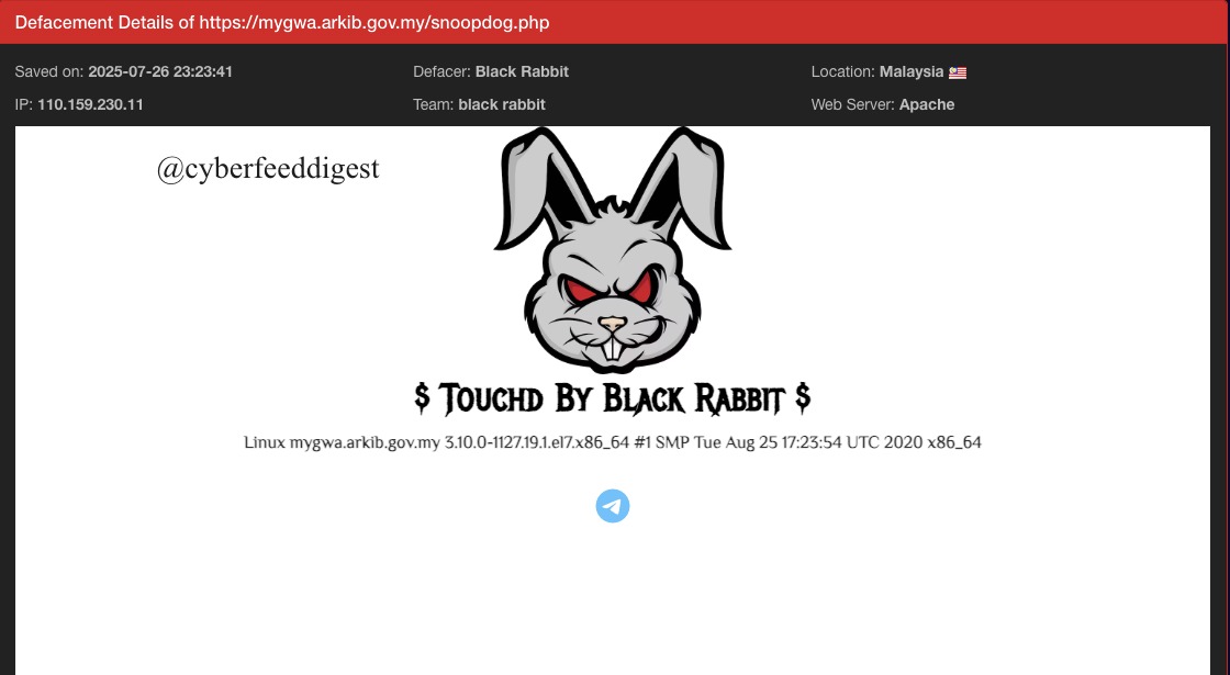 cyberfeeddigest's tweet image. 🐰 #Malaysia Gov Archive Website #Hacked by &quot;Black Rabbit&quot; Defacer

🚨 Government domain targeted:
hxxps://mygwa[.]arkib[.]gov[.]my/snoopdog.php
✍️ Defaced by: Black Rabbit
🎯 Affiliation: black rabbit team

#CyberAttack #Defacement #Hacktivism #Malaysia #Infosec