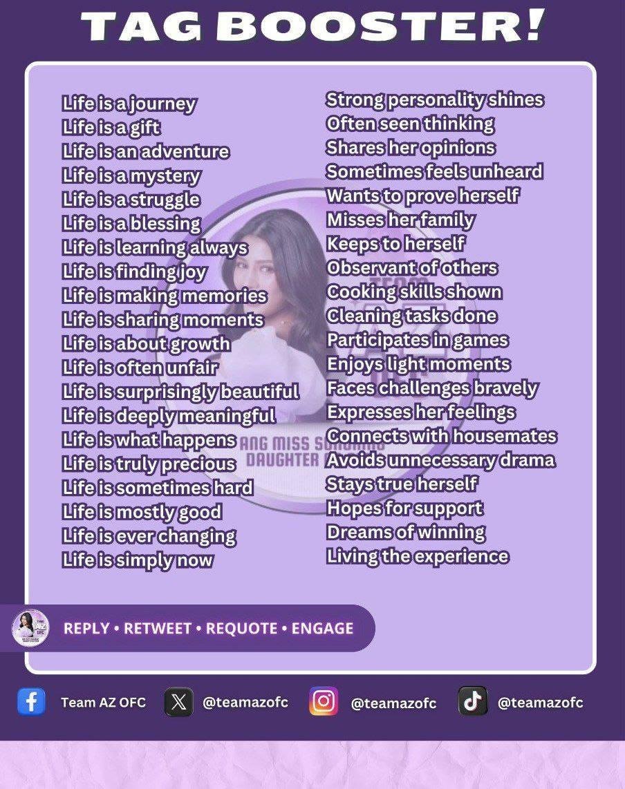 ⚡︎ 𝐭𝐚𝐠 𝐛𝐨𝐨𝐬𝐭𝐞𝐫 number nine!

Goal: seven hundred replies

Reply  •  Retweet  •  Requote

AZRIELdy TO RAMBOL
AZRIELdy TO RAMBOL
#AzMartinez | AZ Martinez
