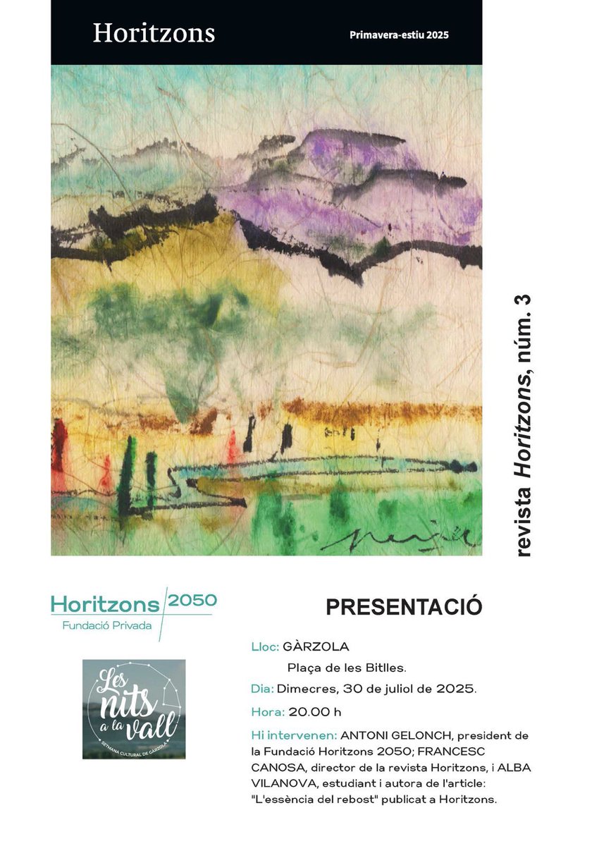 Antoni Gelonch (@antoni_gelonch) on Twitter photo EP! DIMECRES 30, PRESENTACIÓ DE LA REVISTA HORITZONS A GÀRZOLA!
A les 8 dl vespre, a la Plaça d les Bitlles, <a href="/francesccanosa/">Francesc Canosa Farran</a>, <a href="/albavilanova19/">Alba Vilanova</a> i <a href="/Antoni_Gelonch/">Antoni Gelonch</a> hi serem x conversar amb veïns i forasters.
VENIU A DESCOBRIR GÀRZOLA I LA REVISTA HORITZONS!
<a href="/Horitzons2050/">Fundació Privada Horitzons 2050</a> EP! DIMECRES 30, PRESENTACIÓ DE LA REVISTA HORITZONS A GÀRZOLA!
A les 8 dl vespre, a la Plaça d les Bitlles, <a href="/francesccanosa/">Francesc Canosa Farran</a>, <a href="/albavilanova19/">Alba Vilanova</a> i <a href="/Antoni_Gelonch/">Antoni Gelonch</a> hi serem x conversar amb veïns i forasters.
VENIU A DESCOBRIR GÀRZOLA I LA REVISTA HORITZONS!
<a href="/Horitzons2050/">Fundació Privada Horitzons 2050</a>