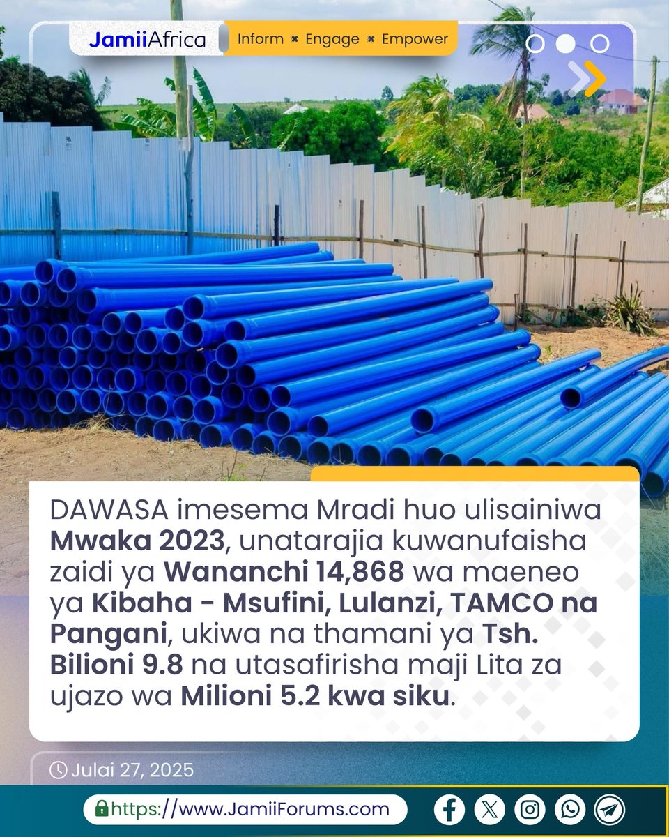 JamiiForums's tweet image. PWANI: Mamlaka ya Majisafi na Usafi wa Mazingira Dar es Salaam (DAWASA) imetoa taarifa kuwa imeanza kufikisha miundombinu ya ujenzi katika Mradi wa Maji Pangani – Kibaha kwa kuweka mabomba ya kusafirisha maji ya ukubwa wa inchi 6 yatakayolazwa kwa Mita 1,100, ikiwa ni utekelezaji…