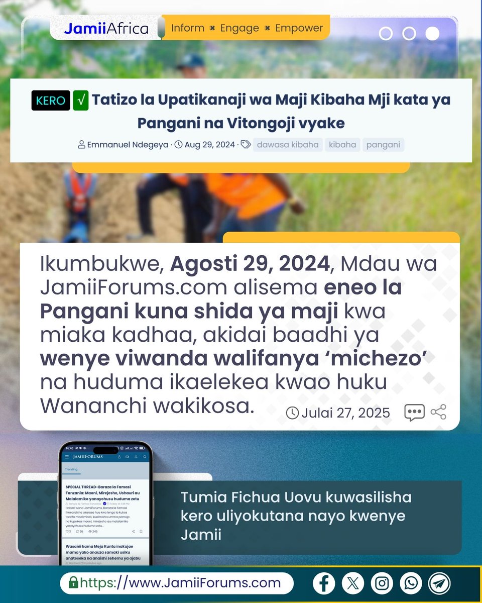JamiiForums's tweet image. PWANI: Mamlaka ya Majisafi na Usafi wa Mazingira Dar es Salaam (DAWASA) imetoa taarifa kuwa imeanza kufikisha miundombinu ya ujenzi katika Mradi wa Maji Pangani – Kibaha kwa kuweka mabomba ya kusafirisha maji ya ukubwa wa inchi 6 yatakayolazwa kwa Mita 1,100, ikiwa ni utekelezaji…