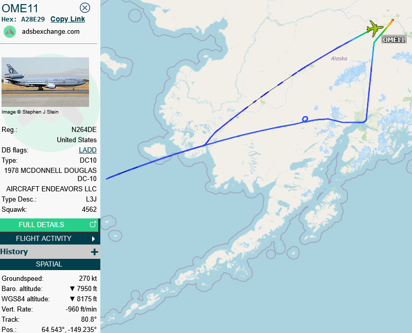 SirListenalot's tweet photo. 0610z Omega #DC10 #OME11 rtb Fairbanks. ~2315z it picked up fighters from Elmendorf. #KC135's #AE07BB #KICK64 (round trip Yokota) and #AE0658 (round trip Ibaraki) seem to have taken over. https://t.co/RB7QHCCbOX