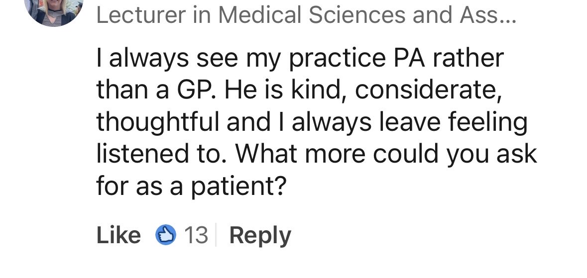 o_matthias1's tweet image. A PA Lecturer comment on Linked In. Interesting that she feels patients couldn’t want more than feeling listened to. Personally, I want deep knowledge and expertise in medicine applied to the context of ‘me’, given all bodies are different. I don’t want tick-box nods and smiles.