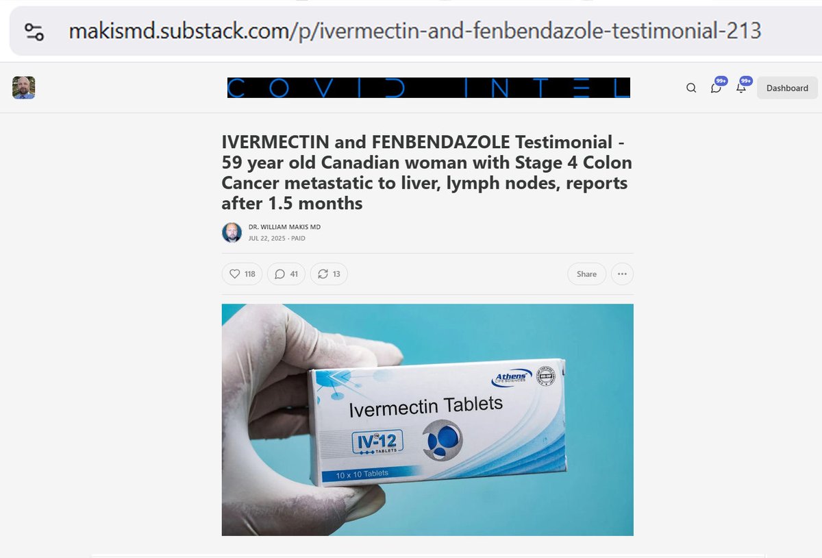 MakisMedicine's tweet photo. NEW ARTICLE: IVERMECTIN and FENBENDAZOLE Testimonial - 59 year old Canadian woman with Stage 4 Colon Cancer metastatic to liver, lymph nodes, reports after 1.5 months

Colon Cancer has not been easy to deal with. 
Some cases respond very well and some don't.
We still have a lot of work to do here.

STORY:

59 year old Canadian woman with Stage 4 Colon Cancer metastatic to liver, lymph nodes

In mid April 2025 we started:

Ivermectin 1.5mg/kg/day
Fenbendazole 1500mg/day
CBD Oil 100mg/day

Results after 1.5 months

“aggregate size of her tumors had shrunk in excess of 20%”

"Our Oncologist was thrilled..."

I tell all of my cancer patients: “always look at your Oncologist’s reaction”.

If they are “thrilled” or “shocked” or “stunned” or use words like “drastic”, you know it’s the Ivermectin Protocol that’s probably doing the heavy lifting, not their chemo or conventional treatments.

I run the world's largest Ivermectin Cancer Clinic.  

We are revolutionizing Cancer Care despite being debanked, threatened, attacked, extorted, defamed and much more. 

Article Link in photo to avoid shadowban, just re-type the URL in the first photo at the top, into your browser to access.

@JoeRogan