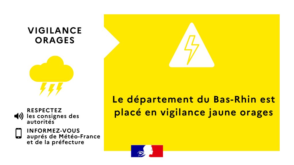 Prefet67's tweet image. #VigilanceMétéo | L'instabilité orageuse se poursuit sur le département.
Le #BasRhin a été placé par @meteofrance en vigilance jaune 🟡 #orages dimanche 27 juillet à partir de midi.
✔️À l’approche d’un orage, prenez vos précautions pour mettre à l’abri les objets sensibles au…