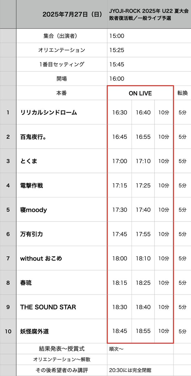 【JYOJI-ROCK 2025年 夏大会 敗者復活戦／一般予選ライブ7/27(日)】

夜は敗者復活戦と一般予選ライブ‼️
本選目指して頑張ってくださいね‼️

jyoji-rock.com