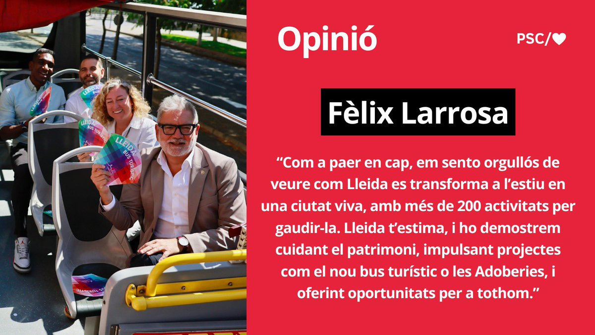 PSC Lleida / ❤️ (@lleidapsc) on Twitter photo 'Lleida t'estima'
Us convidem a llegir l'article d'opinió de l'alcalde <a href="/flarrosa/">Fèlix Larrosa</a>
Bon diumenge! 🌹
👉 socialistes.cat/actualitat/lle… 'Lleida t'estima'
Us convidem a llegir l'article d'opinió de l'alcalde <a href="/flarrosa/">Fèlix Larrosa</a>
Bon diumenge! 🌹
👉 socialistes.cat/actualitat/lle…