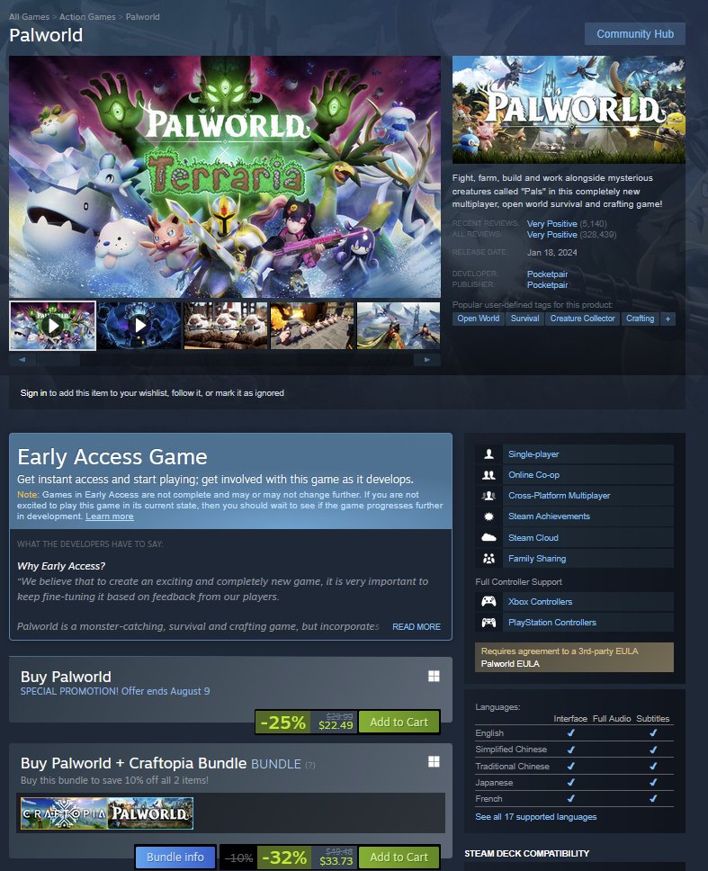 PlanoGaming's tweet image. Palworld is -25% off on Steam: store.steampowered.com/app/1623730/Pa…
Thanks @Prakhar6200 for the info
