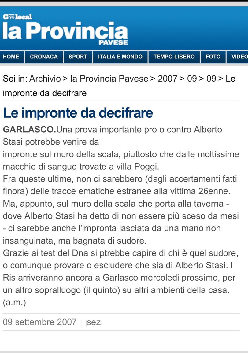 CarlottaBarbi's tweet image. #Garlasco 9 settembre 2007 sulla #ProvinciaPavese si legge questo articolo intitolato LE IMPRONTE DA DECIFRARE interessante la frase:

“sul muro della scala che porta alla taverna (…) ci sarebbe anche l&apos;impronta lasciata da una mano non insanguinata, ma bagnata di sudore”

Non…