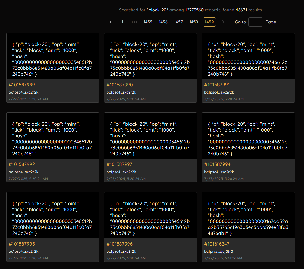 The on-chain data tells the story of BLOCK-20.
 BLOCK-20 协议的链上数据已经说明一切。

🔹 The Ordinal Inscriptions Index has recorded 46,671 total inscriptions under the protocol. 我们的铭文索引已为该协议发现 46,671 个铭文。

🔹 The genesis token, $BLOCK, is 88.87% minted and