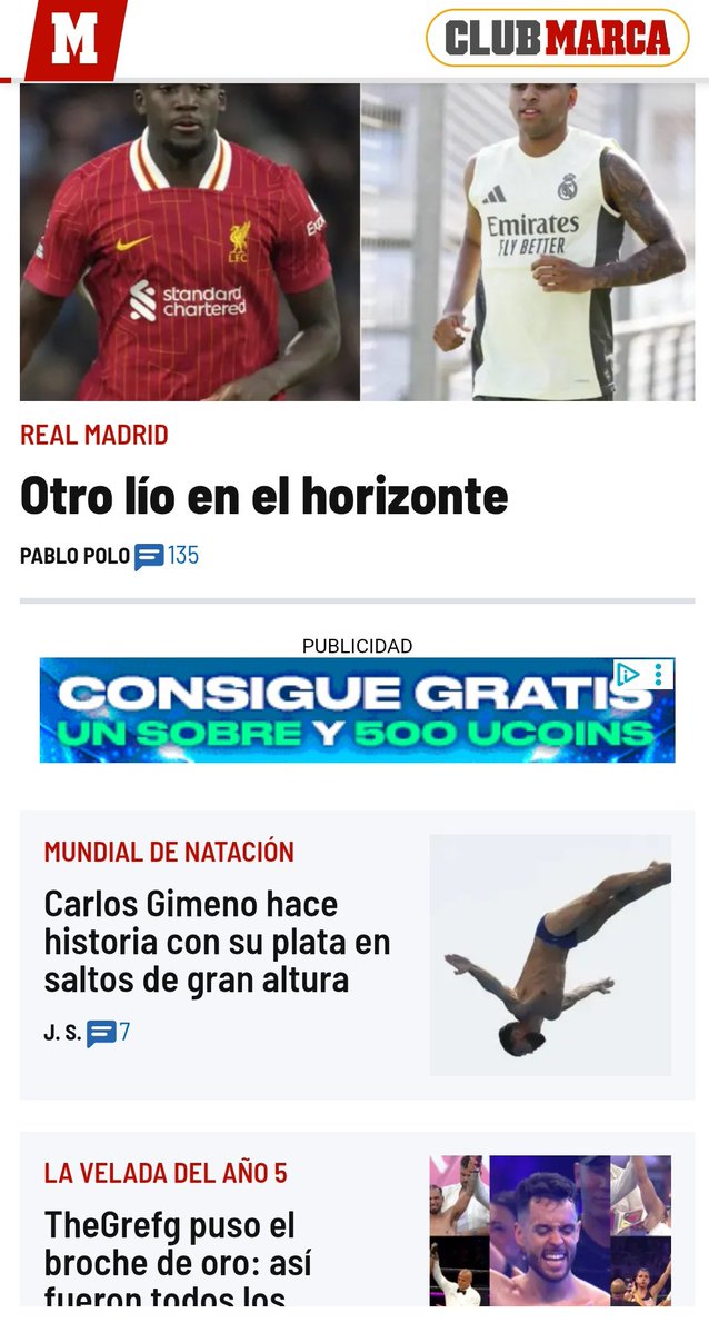 pasanospoco's tweet image. A las 18:00 Final Eurocopa Femenina con España.
Las tres primeras noticias en la versión móvil de la web de Marca: